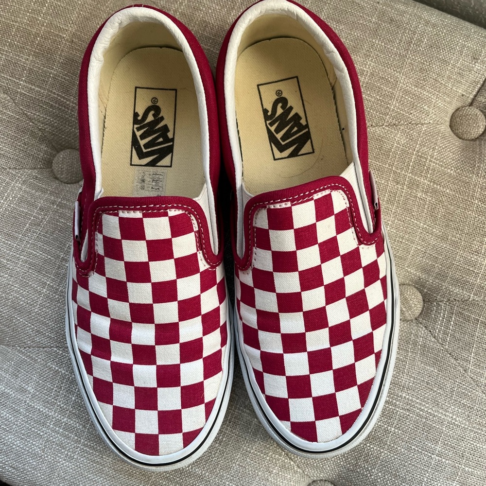 Red Checkerboard Vans Slip Ons